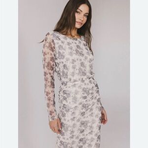 Sheer Floral Long-SleeveTop & Matching Skirt Midi - Gray M